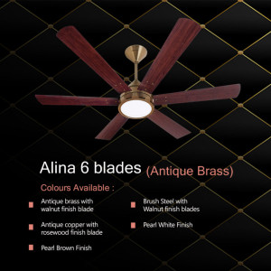 Breezalit Alina 6 Blade Antique Brass Wood Finish with 3 Color LED Remote Control Ceiling Fan